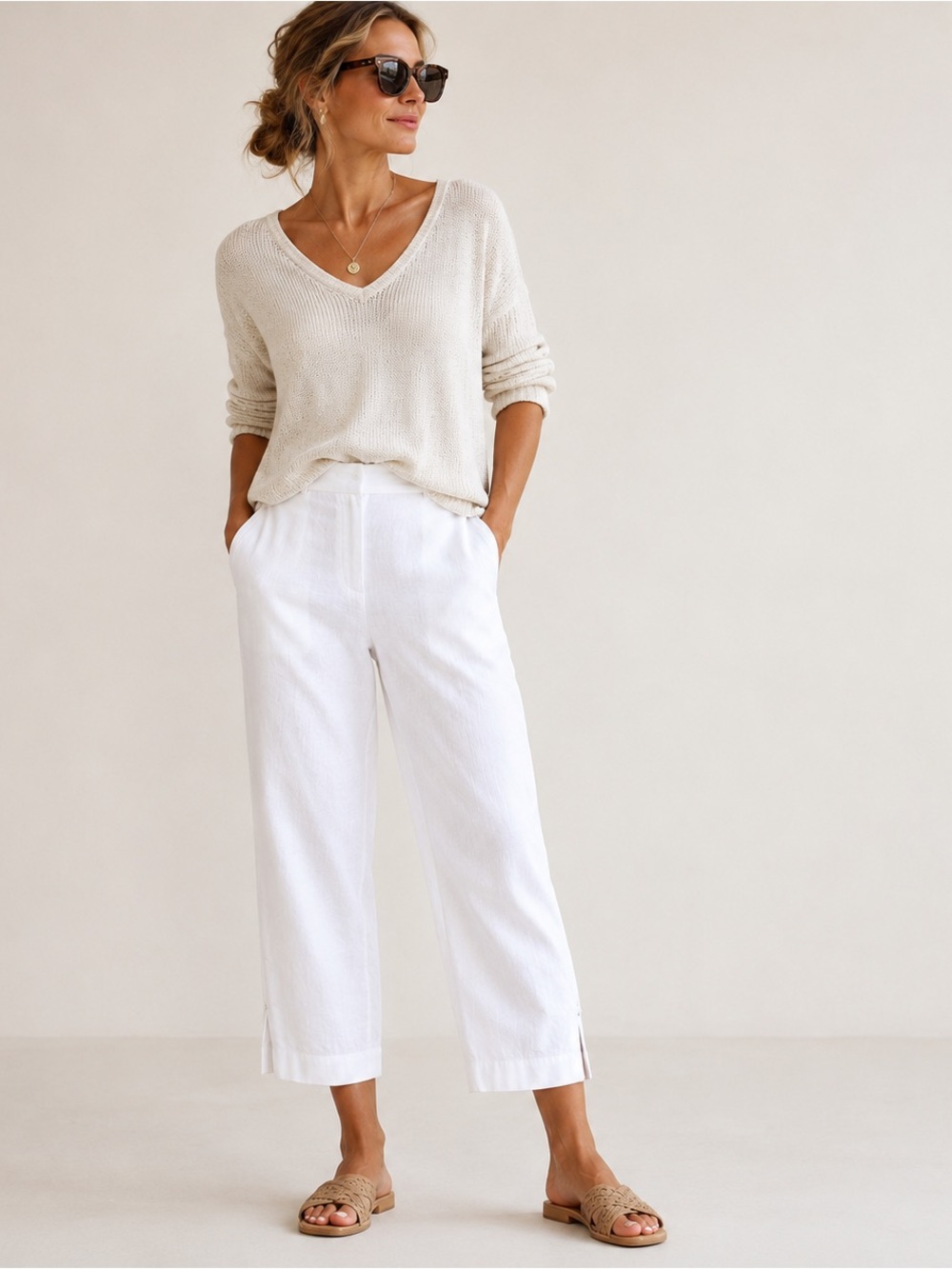 Jones New York Sport 100% Linen White Pull-On Cropped Pants L Coastal Resort